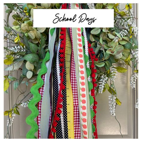 Perfect for August and September or a teacher gift. Fun ribbons with texture, patterns and color that perfectly depict school days. How To Make Ribbon Bundles For Wreaths, Ribbon Sets For Wreaths, Wreaths With Ribbons Hanging, Ribbon Bundles For Wreath, Wreath Sashes, Ribbon Wreath Diy, Ribbon Wreaths, Wreath Ribbon, Ribbon Ideas