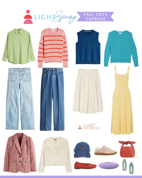 Fall 2024 Capsules by Color Palette — Created Colorful Colorful Capsule Wardrobe 2024, Spring Color Analysis Outfits, Light Spring Capsule, Color Theory Fashion, Light Spring Color Palette Outfits, Soft Spring Color Palette, Warm Spring Makeup, Colorful Capsule Wardrobe, Clear Spring Palette