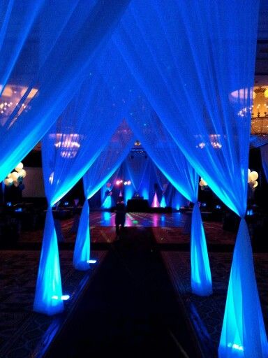 Under The Stars Quinceanera Theme, Navy Blue Wedding Decorations, Royal Blue Wedding Decorations, Blush Wedding Reception, Wedding Uplighting, Navy Blue Wedding Theme, Reception Lighting, Uplighting Wedding, Event Entrance