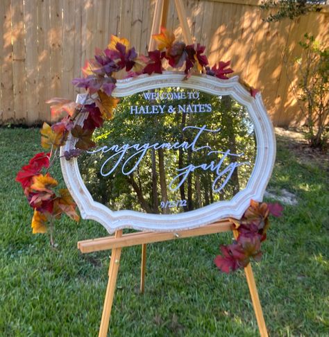 Outdoor Engagement Party Ideas Diy, Engagement Party Backdrop Ideas, Engagement Party Signs Welcome, Engagement Signs Ideas, Outdoor Engagement Party Ideas, Fall Themed Engagement Party, Engagement Party Themes Ideas, Diy Engagement Party Decorations, Engagement Party At Home