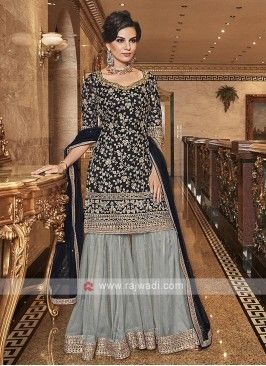 Black Salwar Suit, Sharara Suit Designs, Blue Sharara, Pakistani Sharara, Abaya Style, Sharara Suit, Designer Salwar Suits, Indian Suits, Salwar Kameez Designs