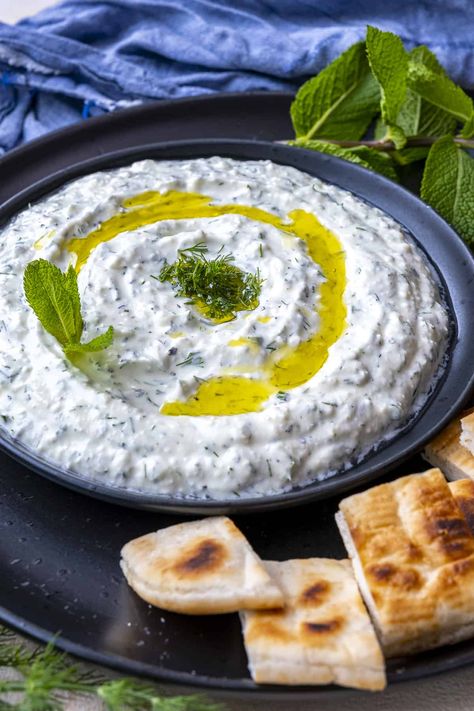 Turkish Yogurt, Tzatziki Sauce Recipe, Vegan Tzatziki, Tzatziki Recipes, Mint Yogurt, Homemade Tzatziki, Ambitious Kitchen, Feta Dip, Falafels