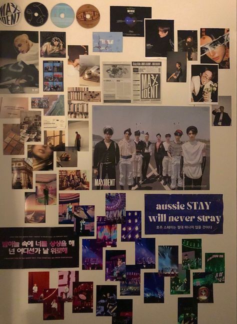 Wall Poster Inspo Bedroom, Skz Bedroom Ideas, Kpop Wall Ideas Bedroom, Kpop Wall Inspiration, Kpop Room Inspo Skz, Crowded Room Aesthetic, Kpop Cd Wall, Skz Bedroom, Kpop Room Inspo Aesthetic