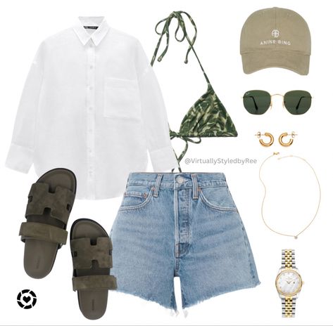 Hermes Chypre Sandals, Anine Bing Cap, Agolde Shorts Hawaii Casual Outfit Street Styles, Vacation Outfits Daytime, Going To The Beach Outfit, Summer Lookbook Outfit Ideas, Beach Casual Outfit, Casual Beach Outfit, Holiday Outfits Summer, Vacation Outfits Women, Spring Break Outfit