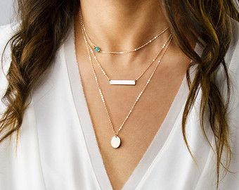 Delicate Necklaces Initial Necklace Gemstone by BlushesAndGold Delicate Layered Necklace, Daith Jewelry, Tiny Jewelry, Three Necklaces, Daith Earrings, Layered Necklace Set, Gold Bar Necklace, Black Jewelry, Disc Necklace