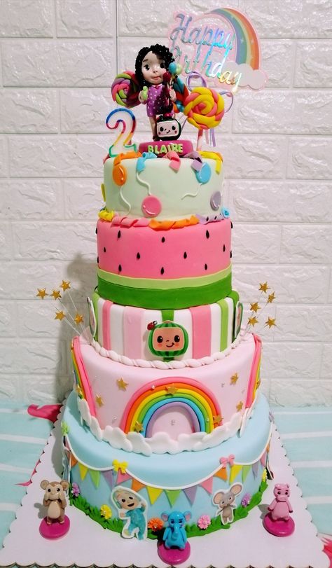 5 tier cocomelon theme cake made of rolled fondant Cocomelon 3 Tier Cake, Cocomelon Cake Ideas For Girl, Cocomelon Birthday Cake Girl, Cocomelon Theme Cake, Cocomelon Theme, Cocomelon Cake, Melon Cake, Twin Birthday Cakes