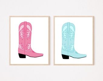 ChyMarieDesign - Etsy Cowgirl Boots Drawing, Cowboy Boots Painting, Cowboy Boot Painting, Apartment Paintings, Teal Boots, Horse Business, Picture Room Decor, Apartment Painting, Pink Cowboy Boots