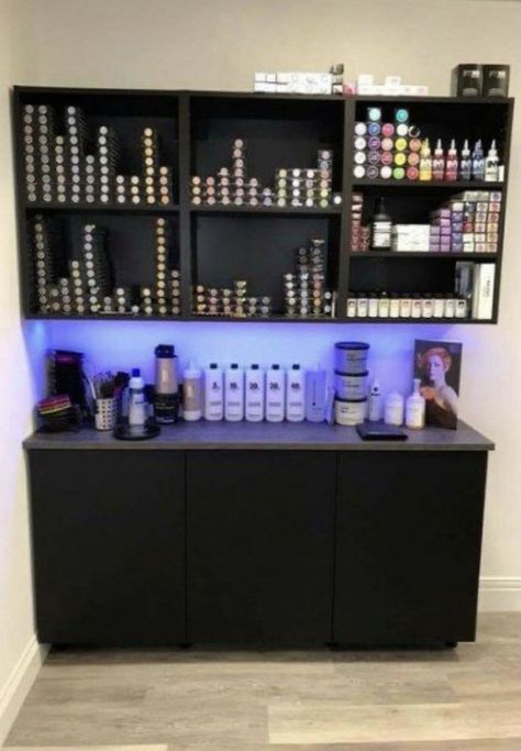 Salon In Small Space, Salon Backbar Organization, Hair Salon Furniture Ideas, Colorful Hair Salon Decor, Color Station Hair Salon, Upscale Hair Salon, Salon Color Room Ideas, At Home Hair Salon Ideas, Salon Suite Interior Design