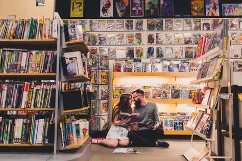 Comic Book Engagement Photos, Comic Book Store Photoshoot, Comic Photoshoot, Comic Book Wedding, Photo Comic, Wedding Ceremony Script, Shooting Ideas, Future Photos, Comic Book Store