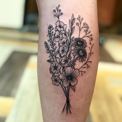 Bouquet Cover Up Tattoo, Black Wildflower Tattoo, Wildflower Bouquet Tattoo, Lifeline Tattoos, Delicate Flower Tattoo, Grabby Hands, Flower Bouquet Tattoo, Wildflower Tattoo, Bouquet Tattoo