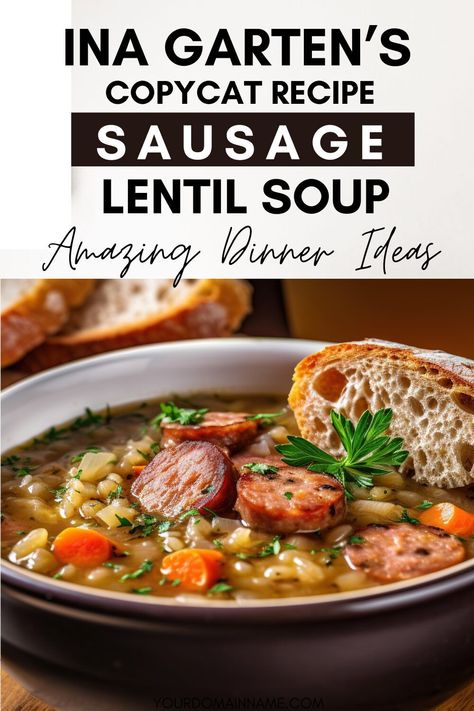 If you love Ina Garten's recipes, you will love this healthy copycat version of her Sausage and Lentil Soup. This is one recipe you will want to add to your weekly dinner ideas or even lunch ideas. This is an easy healthy dinner recipe the whole family will enjoy.  And it's a super easy soup to add to your easy dinner recipes for meal prep. Sausage Lentil Soup, Healthy Potato Soup, Sausage Lentil, Soup Recipes Healthy Vegetarian, Lentil Sausage Soup, Easy Healthy Soup, Easy Soup Recipes Healthy, Lentil Soup Recipe, Recipe Using Chicken