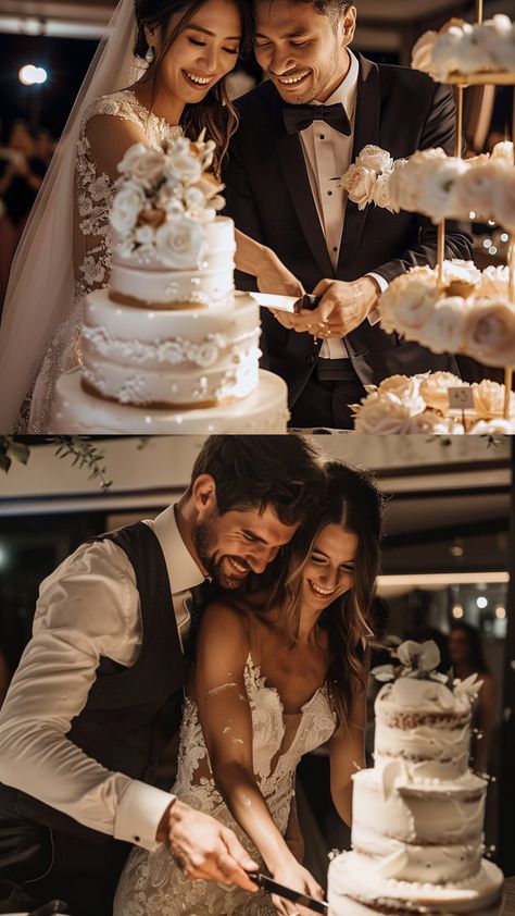 couple cuts 3 layers wedding cake Wedding Photography Special Moments, Wedding Cake Photoshoot, Reception Pics, Reception Pictures, How To Make Wedding Cake, Types Of Wedding Cakes, Photoshoot Moodboard, Cake Photoshoot, Cake Slices