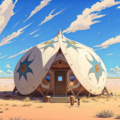 Fantasy Tent, Tent Concept Art, Solarpunk Desert, Scifi Fantasy Art, Building Concept, Desert Art, Fantasy City, Unique Architecture, Game Concept Art