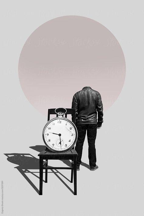 Digital collage. Old clock on a wooden chair and a man without a head Chair Collage Art, Chair Collage, Balance Collage, Clock Collage, Clock Illustration, Old Clock, House Cabin, Old Clocks, Art Chair