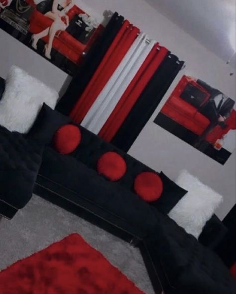 Red Black Silver Living Room Decor, Black Red Room Ideas, Red And Silver Living Room Decor, Red Black And Silver Living Room Ideas, Living Room Ideas Red And Black, Living Room Red And Black, Black Red Living Room Ideas, Red And Silver Bedroom Ideas, Red Black And White Living Room Ideas