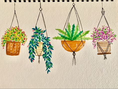 Hanging Plant Doodles, Doodles Watercolor, Mexican Flower Pots, Plant Doodles, Doodle Tutorial, Plant Doodle, Painting Flowers Tutorial, Easy Doodle, Watercolor Tutorial