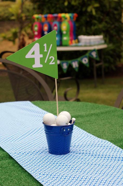 Gage is FORE...and a half! | CatchMyParty.com Golf Birthday Party Ideas, Baseball Centerpieces, Golf Centerpieces, Diy Golf, Golf Crafts, Seventh Birthday, Golf Theme Party, Gala Night, Sports Party Decorations