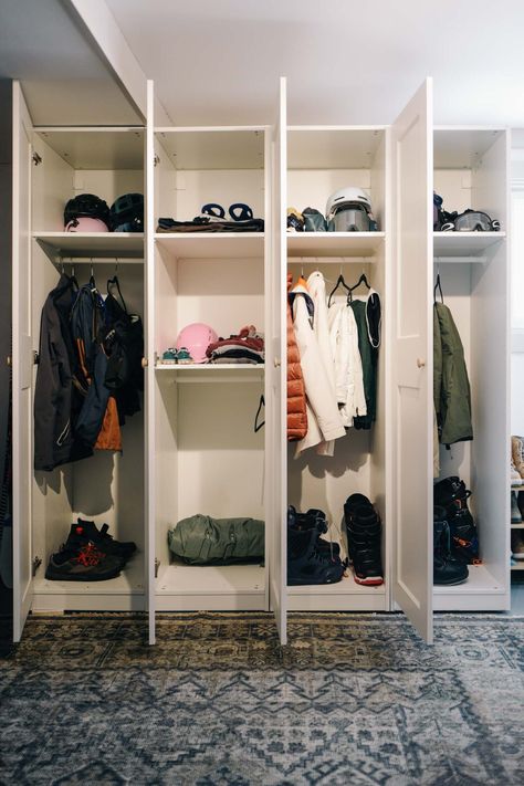 Inexpensive Mudroom Storage, Ikea Pax Bathroom Storage, Basement Coat Storage, Ikea Pax Mudroom Ideas, Ikea Garage Mudroom Hack, Backpack Storage Narrow Entryway, Garage Wardrobe Storage, Pax Mudroom Hack, Ikea Pax Garage Storage