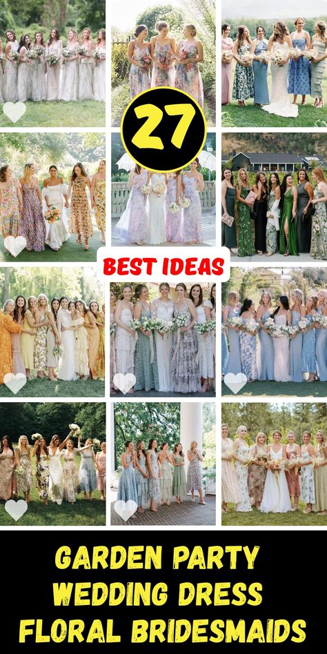 Discover the charm of garden party wedding dress floral bridesmaids with our selection of 27 beautiful designs. Featuring colors like emerald green, light blue, and gold, these dresses are perfect for creating a sophisticated and cohesive look. Embrace the elegance of women`s v-neck styles and the versatility of neutral tones. Whether you`re planning a rustic garden party or a beach wedding, these garden party wedding dress floral bridesmaids will add grace and style to your special day. Bridesmaid Dresses Different Patterns, Floral Bridal Party Dresses, Soft Floral Bridesmaid Dresses, Garden Wedding Dress Bridesmaid, Mixed Floral Bridesmaid Dresses, Garden Party Dresses For Women, Spring Bridesmaid Dresses Mismatched, Wildflower Bridesmaid Dresses, Floral Bridesmaid Dresses Mismatched