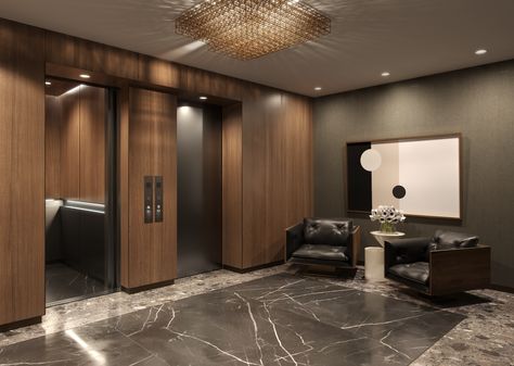 The apartment has a private elevator ... - MOSO Studio Lift Lobby Design Residential, Penthouse Entrance, Flat Entrance Lobby Design, Lobby Design Residential, Entrance Lobby Design, Lift Lobby Design, Entrance Apartment, Private Elevator, New York Penthouse