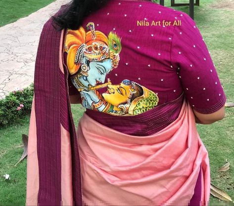 Radha Krishna Painting On Cloth, Radha Krishna Blouse Designs, Radha Krishna Fabric Painting, Krishna Fabric Painting, Painting Blouses, Casual Pullover Outfit, Blouse Painting, Painted Blouse, Maggam Blouses