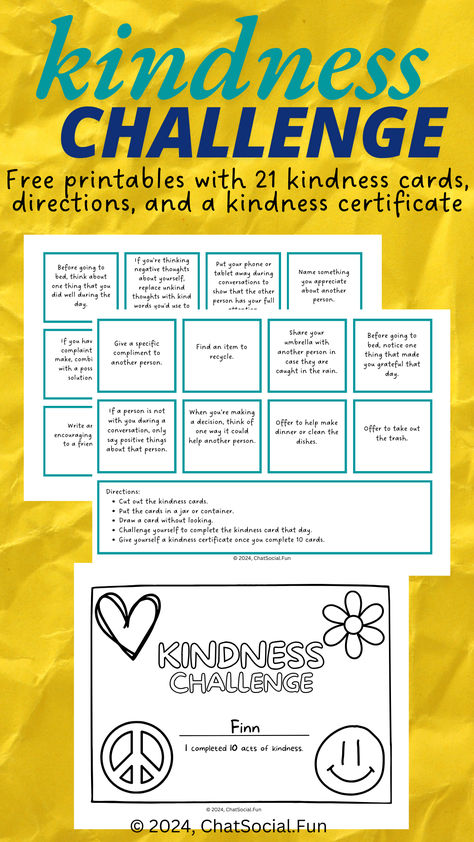 Create a kindess challenge.  Improve relationships.  21 kindness cards give examples of kind words, thoughts, and actions.  Complete 10 kindness cards and show kindness toward yourself by acknowledging your accomplishment with a kindness certificate.  Nice community building activity to build social skills at home or school. Kindness Scavenger Hunt School, Kindness Challenge For Kids Classroom, Kindness Activities For Kids Classroom, Kindness Worksheet, Kindness Notes, Empathy Activities, Kindness Lessons, Intervention Strategies, Kindness Cards