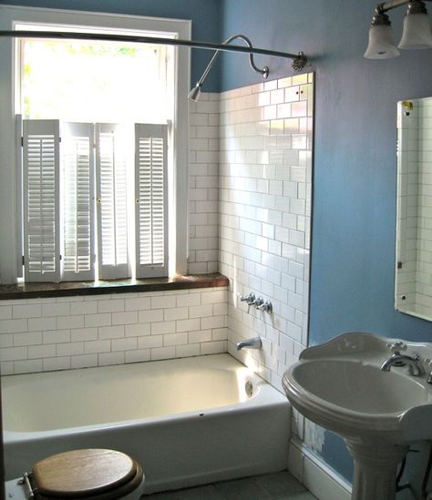 Original bathroom had toilet and sink on opposite walls.  Window in shower.  Rearranging a bathroom layout. Bathroom Windows In Shower, Shower Window, Half Bathroom Remodel, Cheap Bathroom Remodel, Bathroom Window Treatments, Guest Bathroom Remodel, Bathroom Remodel Cost, Window In Shower, Victorian Bathroom