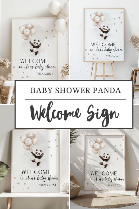 Enhance your baby shower celebration with our editable baby shower welcome sign featuring a charming panda and whimsical flying balloons. Booho in style, this modern and minimalistic design adds a touch of elegance to your event. Customize effortlessly and create a warm and inviting atmosphere for your guests. Perfect for capturing unforgettable memories, this editable sign is a must-have for a memorable baby shower. Panda Baby Shower Ideas, Panda Baby Shower Theme, Flying Balloons, Panda Baby Showers, Panda Theme, Flying Balloon, Panda Baby, Bear Panda, Bear Theme