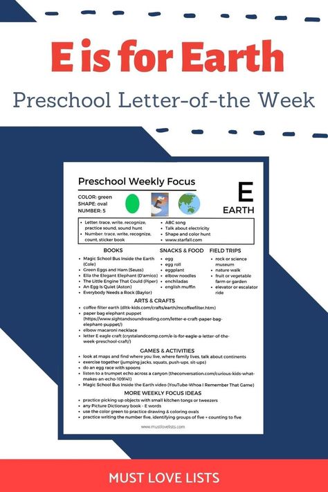 Want a fun learning plan to teach your preschooler at home? These letter of the week themes include books, games, crafts, songs, and much more. Read the full article for E is for Earth now! E Is For Earth, Earth Preschool, Preschool Letter Of The Week, Preschool Weekly Lesson Plans, Toddler Lessons, Preschool Letter, Preschool Planning, Abc Songs, Magic School Bus