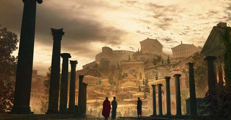 Roman empire, Marc Simonetti on ArtStation at https://www.artstation.com/artwork/gkNyx Roman Empire Wallpaper, Empire Wallpaper, Roman City, Games Design, Roman Architecture, Landscape Concept, Roman History, Fantasy City, Ancient City