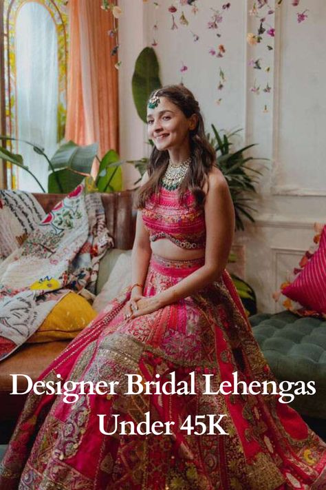 Indian designer bridal lehengas under 45k Mehendi Outfits For Bride, Mehendi Dresses, Manish Malhotra Lehenga, Mehandi Outfits, Haldi Ceremony Outfit, Mehndi Outfit, Mehendi Outfit, Sangeet Outfit, Function Dresses