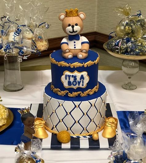 Royal baby boy teddy bear baby shower cake. #royal #teddybear #baby #shower #gold #blue #boy #cakedesign Unique Baby Shower Cakes, Blue Baby Shower Cake, Baby Boy Teddy Bear, Teddy Bear Baby Shower Theme, Bear Baby Shower Cake, Teddy Cakes, Royal Cakes, Bear Baby Shower Theme, Teddy Bear Party