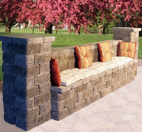 Outdoor Benches | Keystone Retaining Wall Systems Outdoor Bench Design, Keystone Retaining Wall, Bench Design Ideas, Diy Outdoor Bench, Backyard Retaining Walls, Outdoor Bench Seating, Brick Pathway, Bench Design, Diy Bench Outdoor