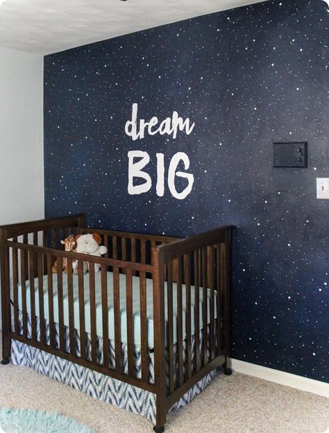 This night sky mural makes such a gorgeous focal wall in the nursery. It cost less than ten dollars to make and with this detailed tutorial, anyone can do it! Focal Wall, Wall Painting Decor, Wall Paint Designs, Interior Paint Colors, Baby's Room, Room Paint, Boy Nursery, Wall Paint, Boy's Room