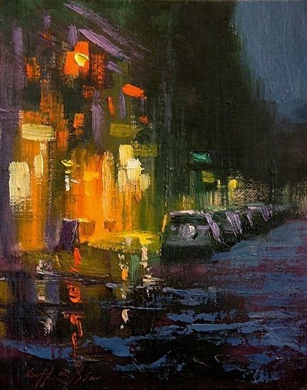 Blееcker Street at night by Chin H Shin oil. City painting Cityscape Night city wallpaper Parked cars Abstract painting Abstract art Landscape painting Night city Artwork Chin H Shin, Street At Night Painting, Night Abstract Painting, Abstract Street Painting, Night Life Painting, City At Night Art, City Scape Painting Acrylics, Night Street Painting, City At Night Painting