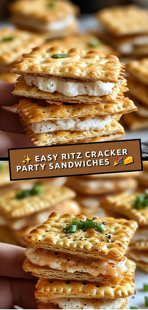 Make party time a breeze with these deliciously simple Ritz cracker sandwiches filled with a creamy ham and cheddar spread—perfect for any gathering!  Ingredients:  1 box Ritz crackers (about 100 crackers) 1 cup cream cheese, softened 1 cup finely chopped ham 1 cup shredded cheddar cheese These bite-sized sandwiches combine the savory goodness of ham, cheddar, and a creamy spread, making them an irresistible snack for any party! Party Cracker Sandwiches, Ritz Crackers Party Sandwiches, Ritz Cracker Party Sandwiches, Ritz Cracker Sandwiches, Cracker Sandwiches, Ritz Cracker, Chopped Ham, Cocktail Appetizers, Cheese And Crackers