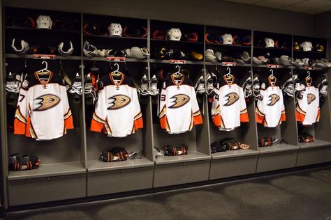 Ducks Jerseys/ Locker Room Ice Hockey Locker Room, Nhl Locker Room, Hockey Locker Room, Hockey Locker, Athletic Locker, Anaheim Ducks Hockey, Duck Dress, Ducks Hockey, Hockey Decor