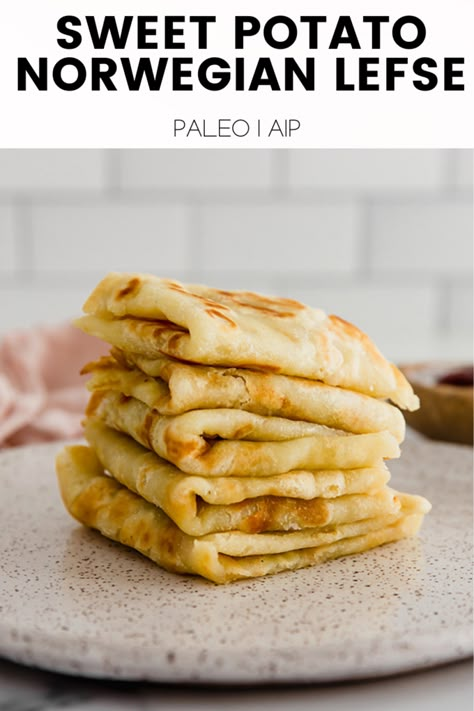 Sweet Potato Norwegian Lefse (Paleo, AIP) - Unbound Wellness Japanese Sweet Potato Recipe Desserts, Paleo Aip Recipes, Norwegian Lefse, Aip Bread, Potato Flatbread, Aip Baking, Aip Recipe, Aip Diet Recipes, Unbound Wellness