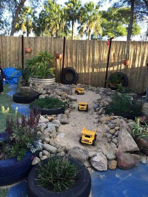 25 Kid Play Ideas With Old Tires - 168 Sandbox Landscaping Ideas, Outdoor Dirt Play Area, Nature Play Space, Natural Play Spaces Backyards, Dirt Play Area For Kids, Natural Outdoor Play Spaces, Eyfs Outdoor Area, Backyard Play Spaces, Natural Play Spaces