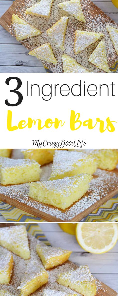 These+3+ingredient+lemon+bars+are+the+perfect+blend+of+simple+and+delicious!+They're+super+easy+to+make+and+they+taste+AMAZING!+via+@bludlum Cake Jewelry, 3 Ingredient Desserts, 3 Ingredient Cookies, Lemon Bars Easy, Cake Mix Desserts, Deserts Easy, Lemon Bars Recipe, 3 Ingredient Recipes, Dessert Simple