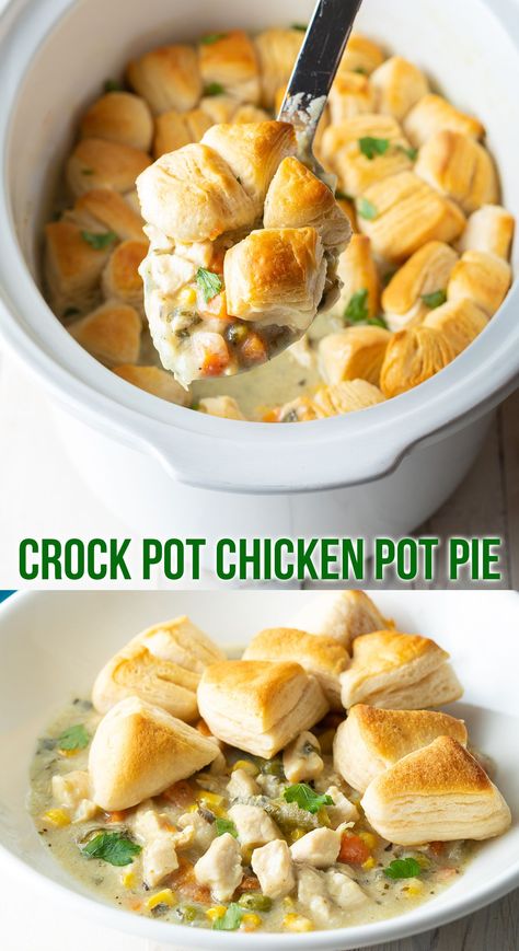 Crock Pot Chicken Pot Pie - This slow cooker soup version of your favorite classic Chicken Pot Pie recipe is an easy set-and-forget dinner with a quick canned biscuit topping. It's so simple and satisfying! #aspicyperspective #potpie #chicken #slowcooker #crockpot #chickenpotpie #easydinner #crockpotmeals Crockpot Chickenpotpie, Classic Chicken Pot Pie Recipe, Chicken Slowcooker, Classic Chicken Pot Pie, Gravy Chicken, Slow Cooker Chicken Pot Pie, Crockpot Chicken Pot Pie, Canned Biscuit, Chicken Pot Pie Filling