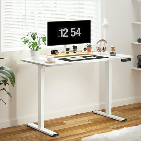 Electric Height Adjustable System 55"x28" Whole-piece Desktop LED Display Control Panel with Memory Programmable Presets 154 lbs Weight Capacity 28"-47.6" Quick & Smooth Adjustments White Desk Frame and White Desktop Size: 55" x 28". Workspace Setup, Standing Desk Height, White Desk Office, Electric Standing Desk, Adjustable Height Standing Desk, Desk Height, Stand Up Desk, Adjustable Standing Desk, Sit Stand Desk