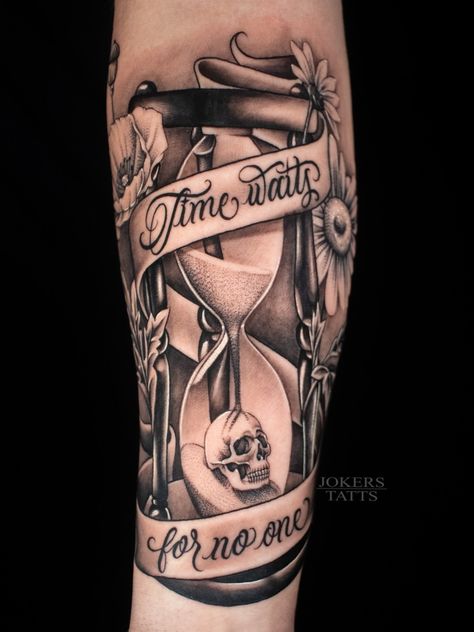 Check me out on Instagram! @jokerstatts432 Lost Time Tattoo, Heart Hourglass Tattoo, Time Is Limited Tattoos, Time Waits For No One Tattoo, Hourglass Tattoo Men, Grandfather Clock Tattoo, Time Piece Tattoo, Time Waits For No One, Totem Tattoo