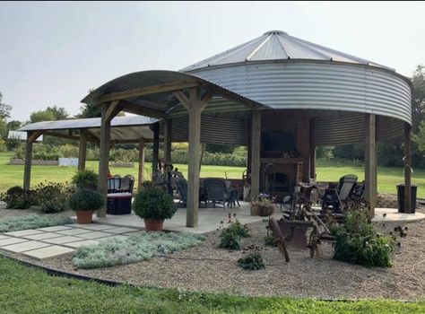 Curved roof for over hot tub Farm Themed Playground, Silo Patio, Grain Bin Gazebo, Bin Gazebo, Grain Bins, Pavilion Plans, Silo House, Gazebo Plans, Restaurant Themes