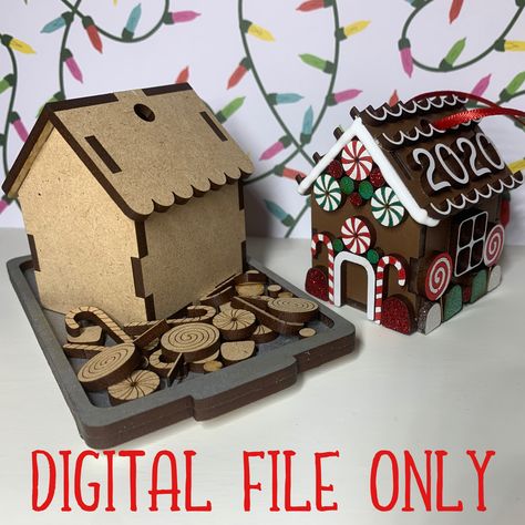 "SVG FILES Make a DIY Gingerbread House Kits Mini Ornament Shelf Sitter XL \"Centerpiece\" Assembled house ornament comes in at right around 2 1/2\" tall, 2 1/3 wide, 2 1/3 deep Assembled Standalone House 4 1/2\" tall, 3 3/4\" wide, 4 1/3\" deep Centerpiece 8\" tall, 5\" wide, 7 1/4\" deep Tested on Glowforge  Uses 3mm MDF Do not resize any smaller than listed file size No Returns  You can sell whatever physical items you make, however this file is not to be resold in any part." Christmas Activities For Adults, Gingerbread House Diy, Ginger Bread House Diy, Christmas Diy Kit, Mini Gingerbread House, Gingerbread Diy, Gingerbread House Kits, Dyi Gifts, Gingerbread Ornaments