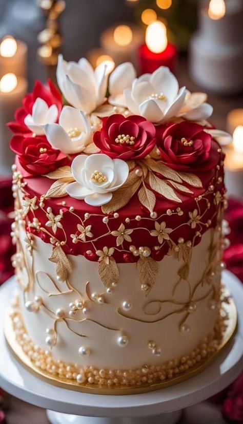 Red Wedding Cake Ideas, Lobola Cakes, Red Cake Design, Red Wedding Cakes, Red And White Cake, Rose Cakes, Torte Creative, Red Birthday Cakes, Frosting Flowers