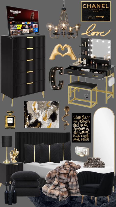 Claire’s Glam Room #glamorous #glamaesthetic #blackandgold #homedecor Black And Gold Apartment, Black And Gold Room Decor, Gold Theme Room, Gold And Black Bedroom, Black And Gold Room, Black And Gold Bedroom Ideas, Black And Gold Bedroom, Glam Room Decor, Vibe Rooms