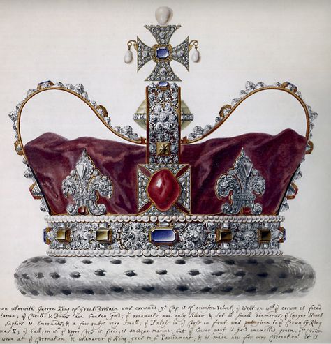 George I's state crown in a watercolor by Giuseppe Grisoni, 1718. The Black Prince's Ruby dominates the front. Crown Painting, King George I, Coronation Robes, Imperial State Crown, British Crown Jewels, Royal Crown Jewels, Royal Collection Trust, Imperial Crown, Royal Crowns