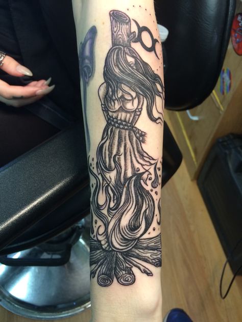 #witchy #witch Witch On Stake Tattoo, Burning At The Stake Tattoo, Witch Burning Tattoo, Stake Tattoo, Burning Witch Tattoo, Birthday Tattoos, Feminine Rage, Arm Tats, Birthday Tattoo