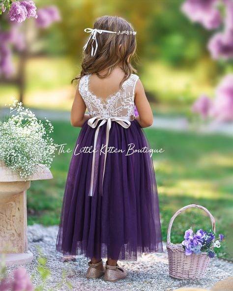 Deep Purple Flower Girl Dress, Flowergirls Dress Purple, Dark Purple Flower Girl Dress, Purple Flower Girls Dresses, Flower Girl Dress Purple, Purple Wedding Ideas Rustic, Fall Wedding With Purple, Flower Girl Dresses Lavender, Navy Lavender Wedding